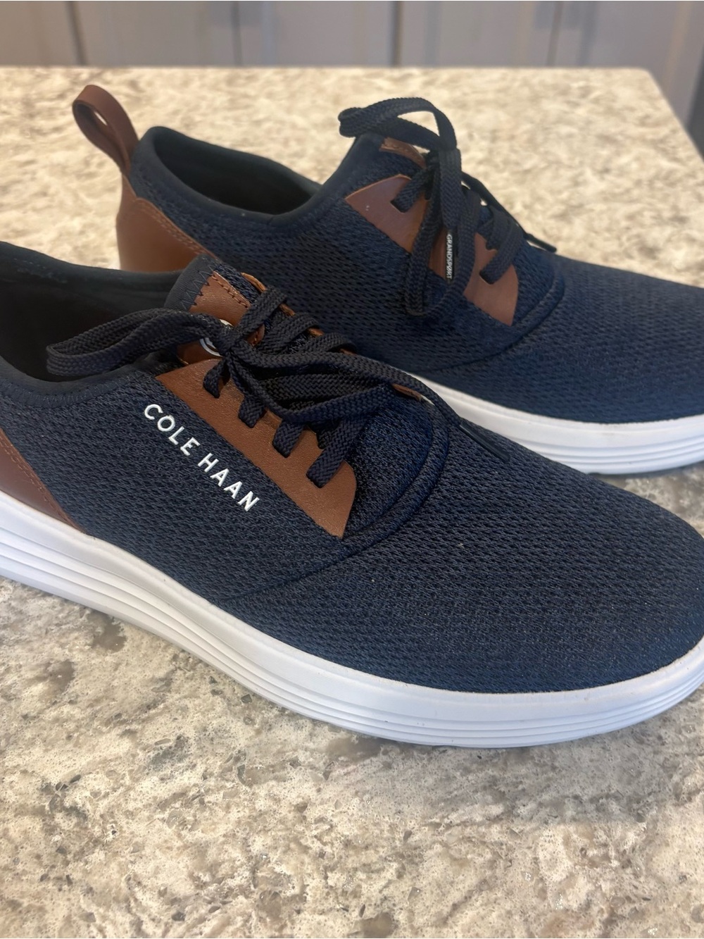 Cole Haan Navy Knit Sneakers with Brown Trim